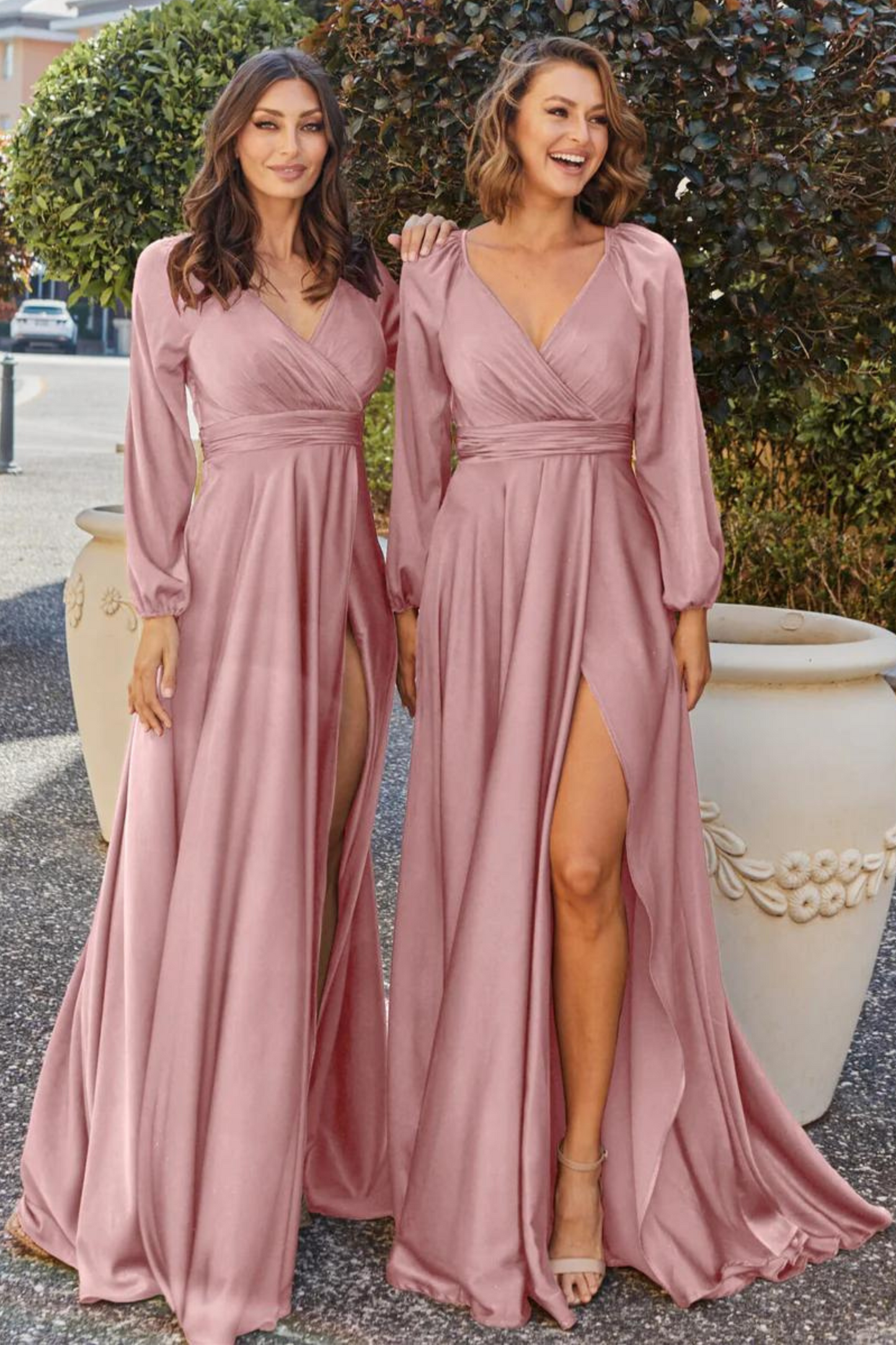 A-line rose pink satin bridesmaids dress with long sleeves and wrap skirt
