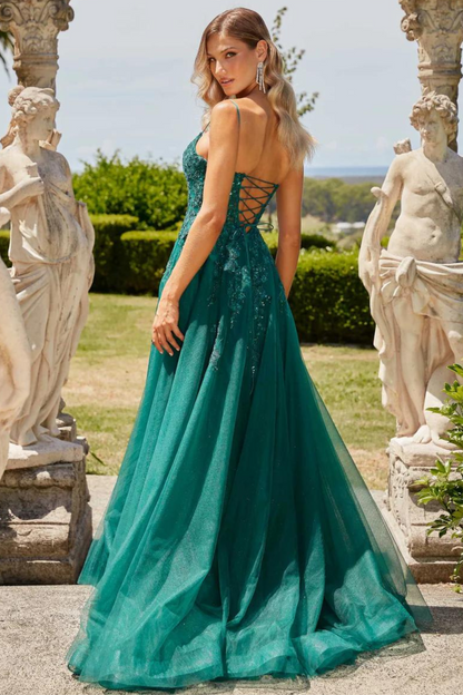 Tania Olsen a-line formal dress in emerald lace and tulle