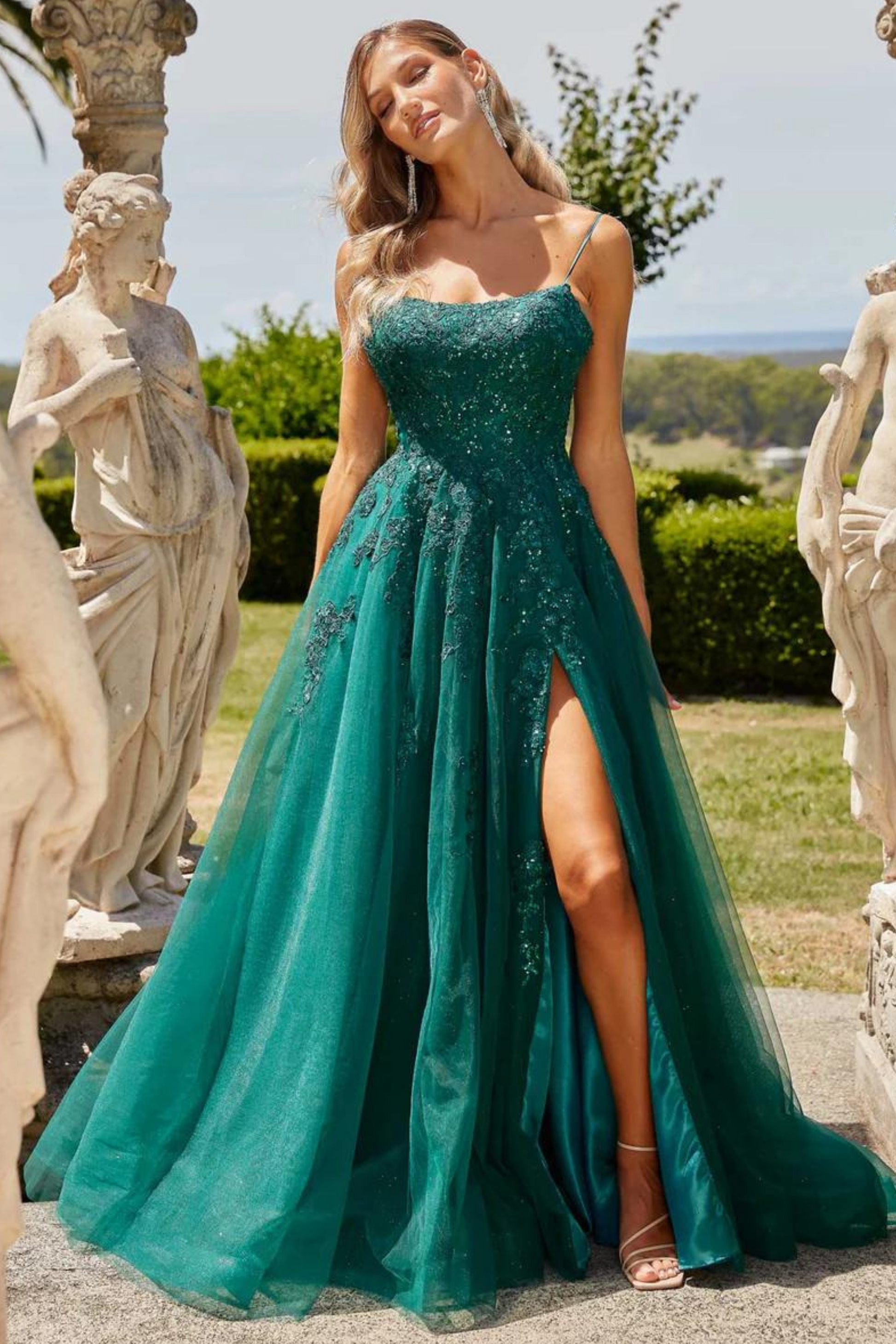 Tania Olsen a-line formal dress in emerald lace and tulle