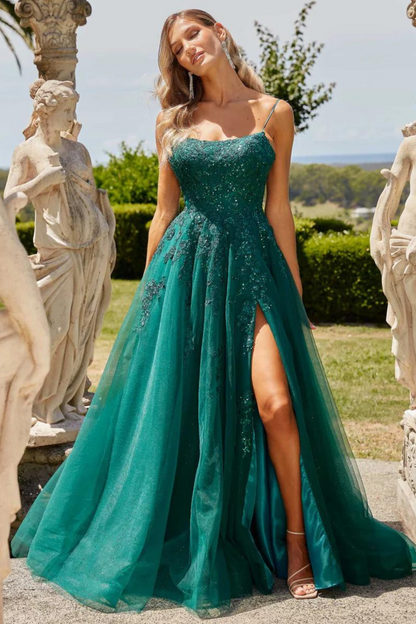 Tania Olsen a-line formal dress in emerald lace and tulle