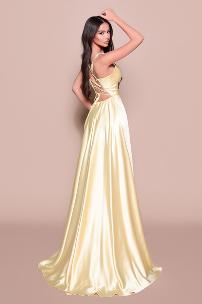 Woman wearing a lemon satin evening/bridesmaid gown showing the back design