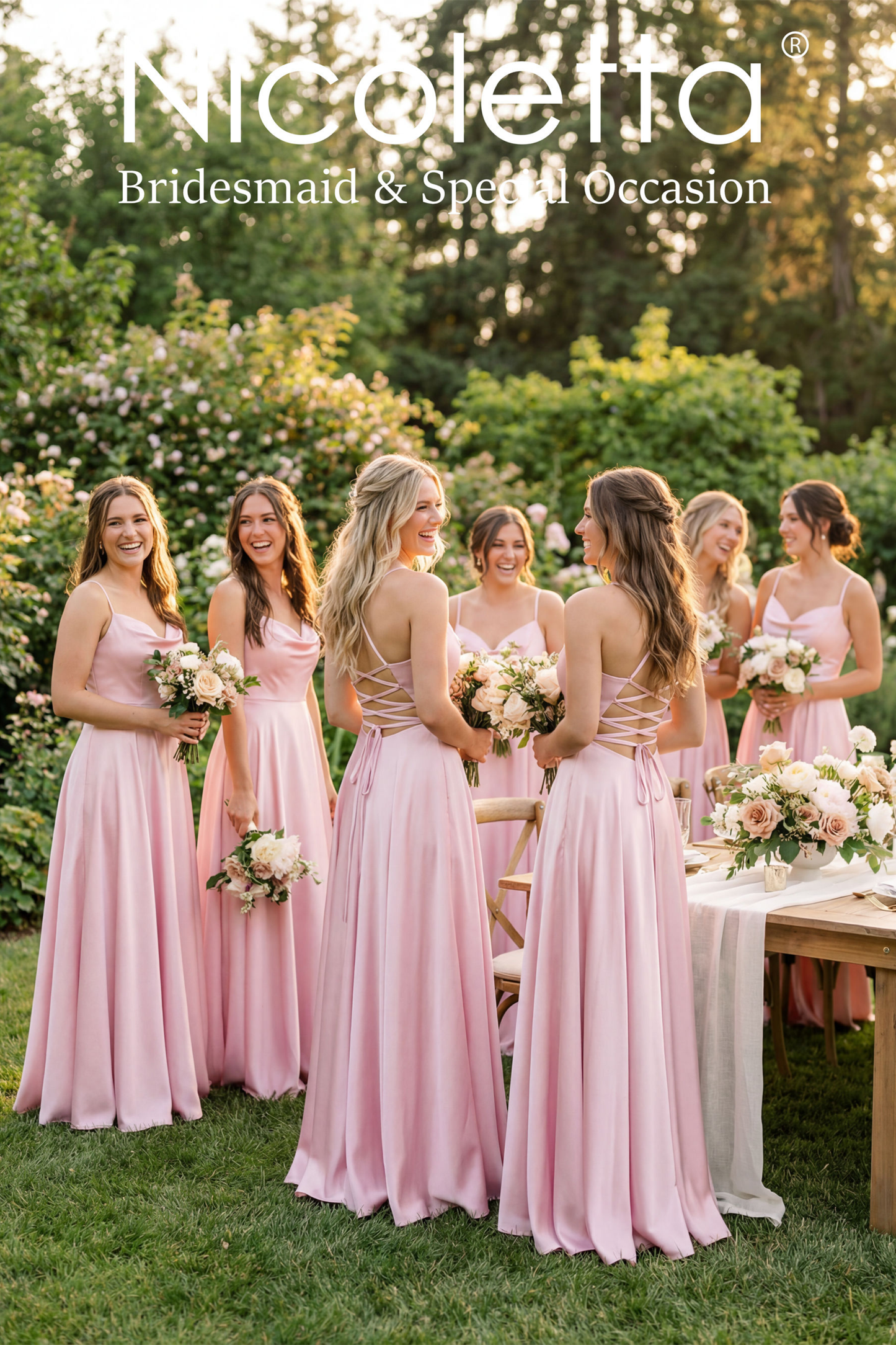 Group of bridesmaids in pink dresses standing outdoors with 'Nicoletta' branding.