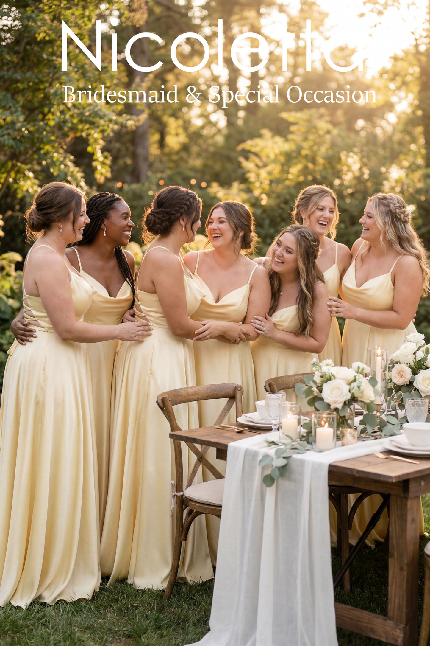 Group of bridesmaids in lemon dresses standing around a table with floral arrangements outdoors.