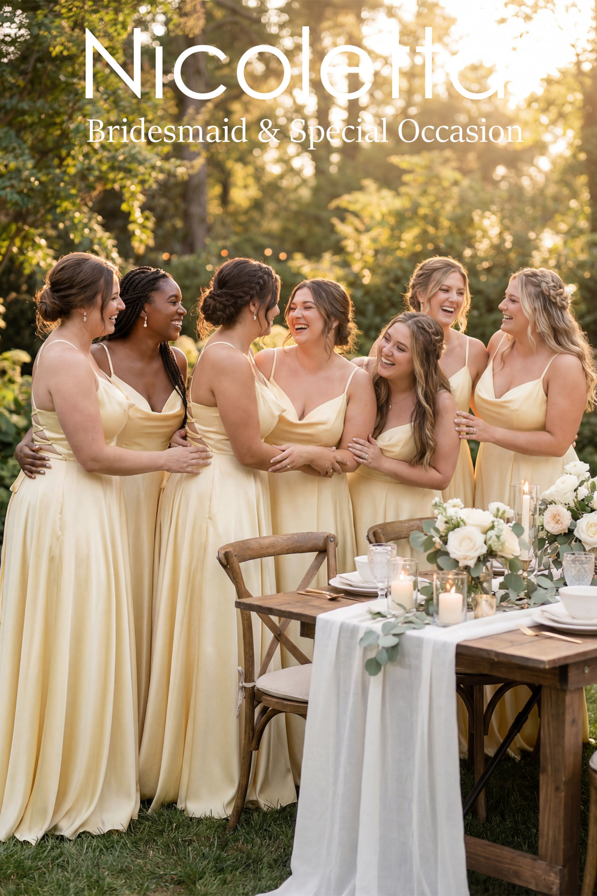 Group of bridesmaids in lemon dresses standing around a table with floral arrangements outdoors.