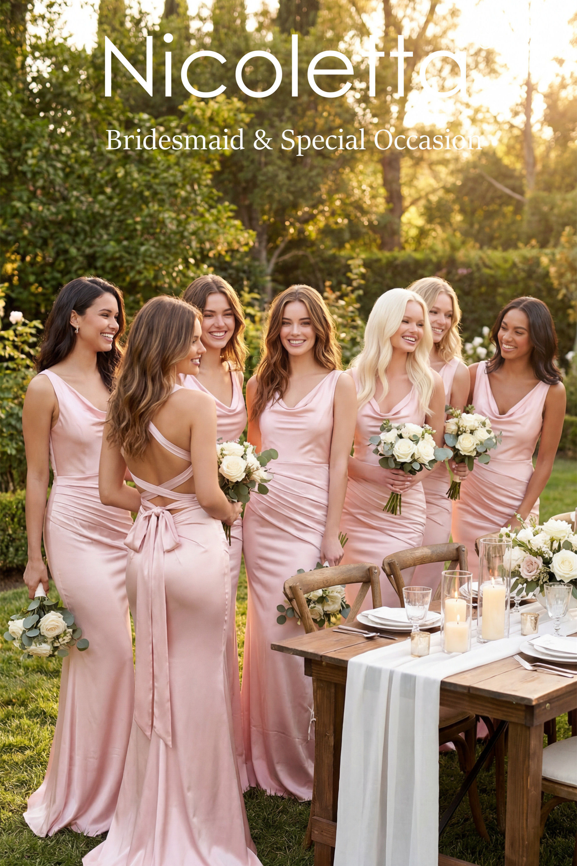 Group of women in pink bridesmaid dresses standing outdoors with a table set for a meal.