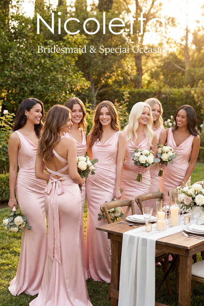 Group of women in pink bridesmaid dresses standing outdoors with a table set for a meal.