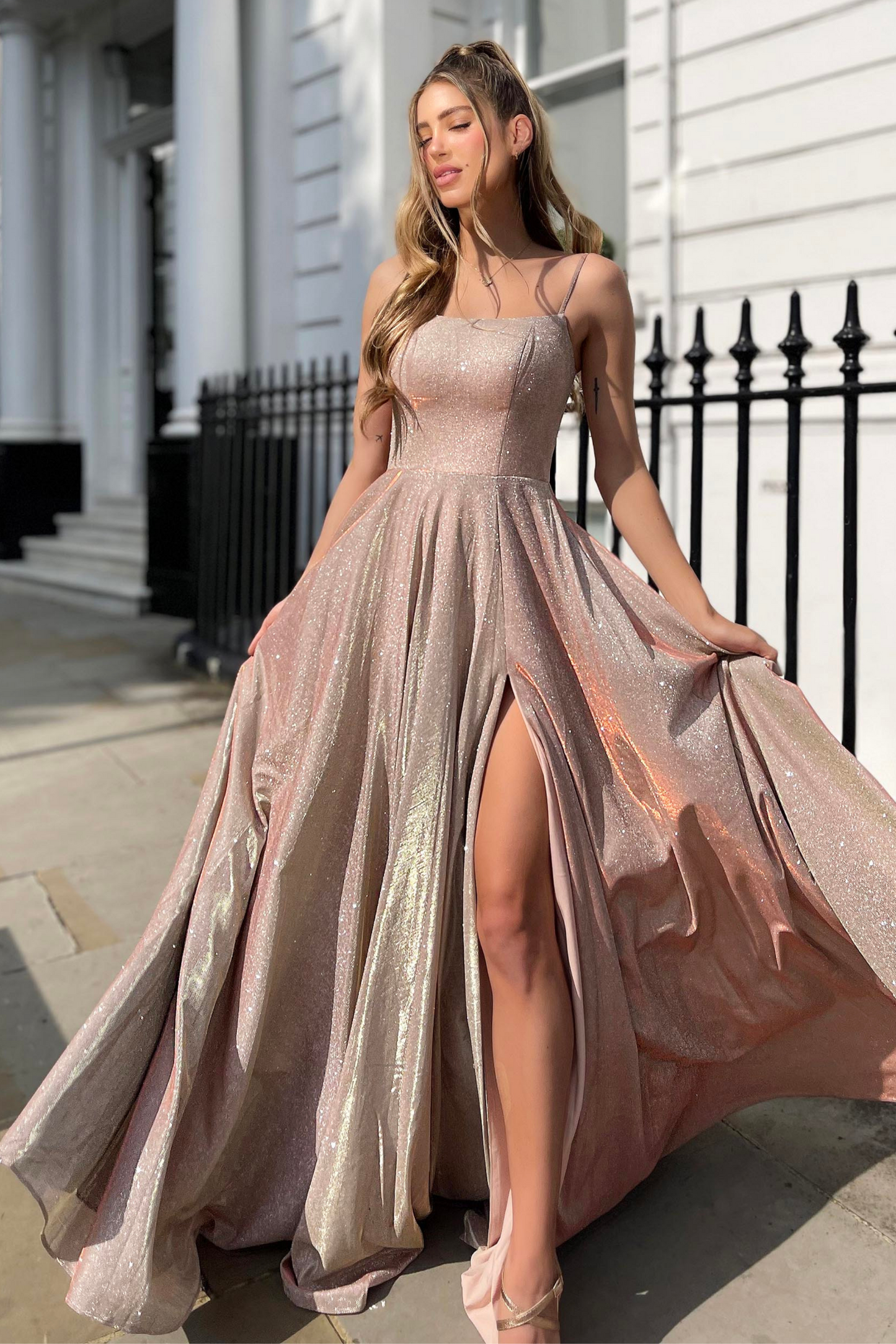 Jadore Nicoletta JP133 formal dress in peach gold lurex