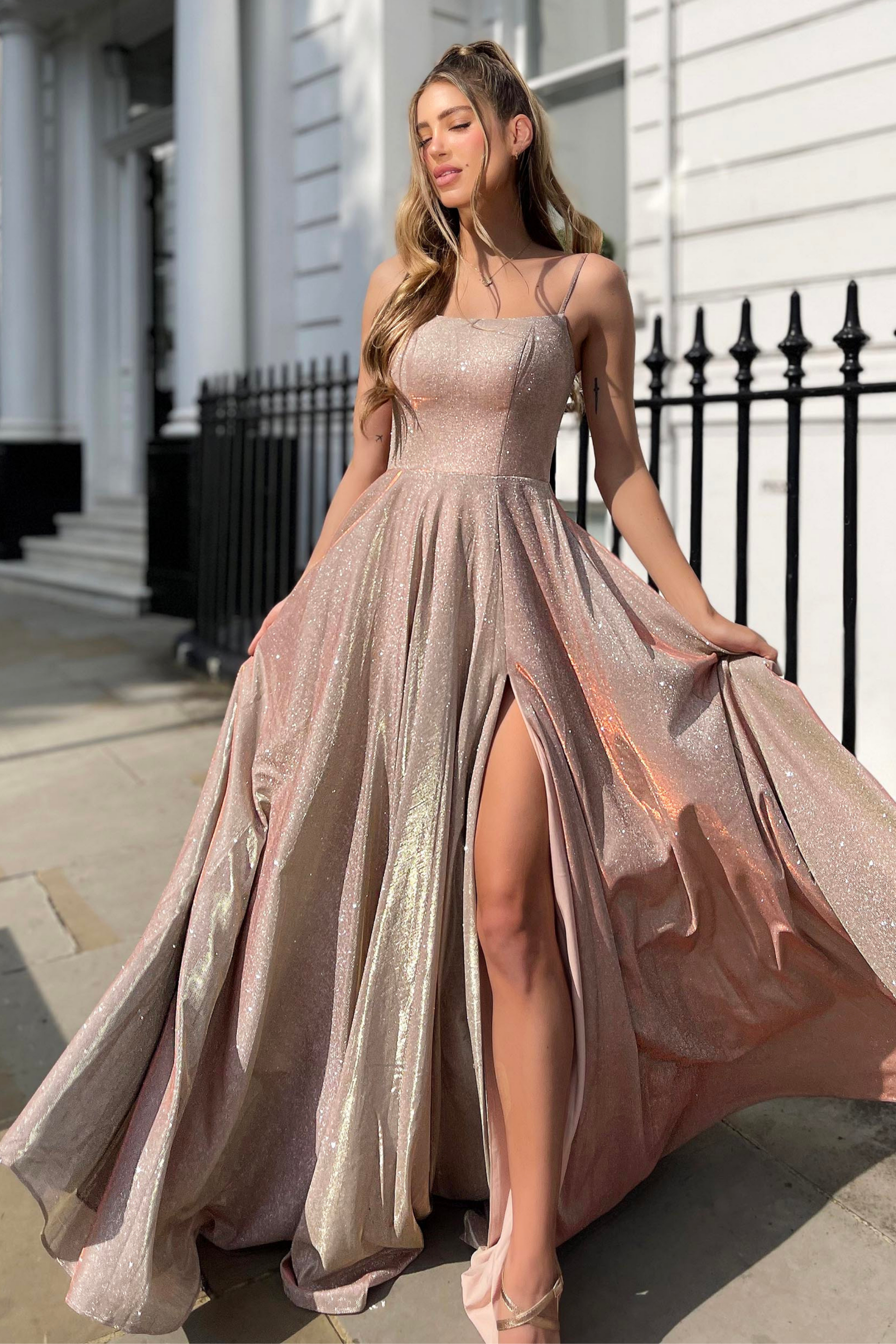 Jadore Nicoletta JP133 formal dress in peach gold lurex