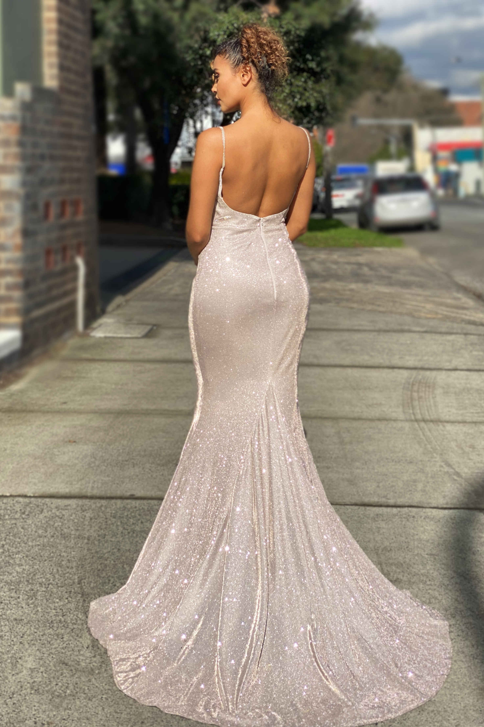 Jadore Nicoletta JX4010 formal dress in musk silver nude lurex
