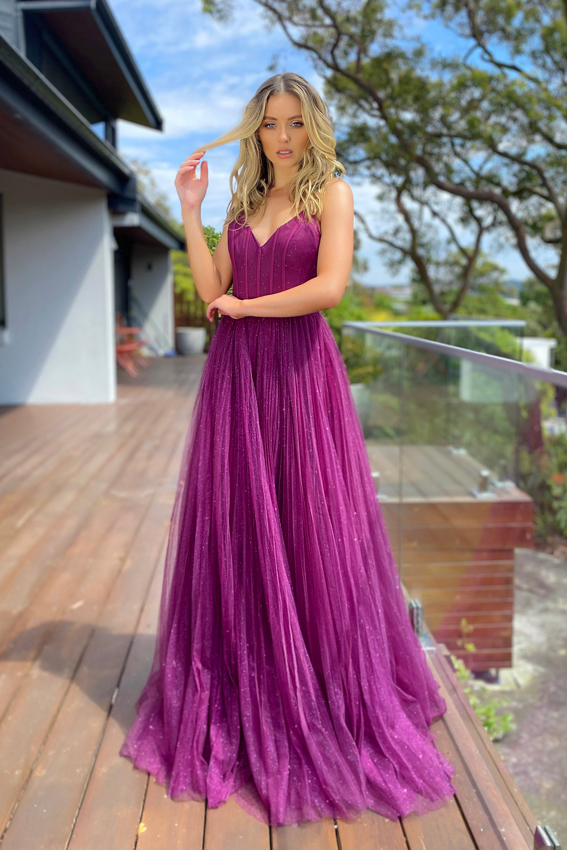 Jadore Nicoletta JX5050 Formal Dress in Berry Purple Glitter Tulle