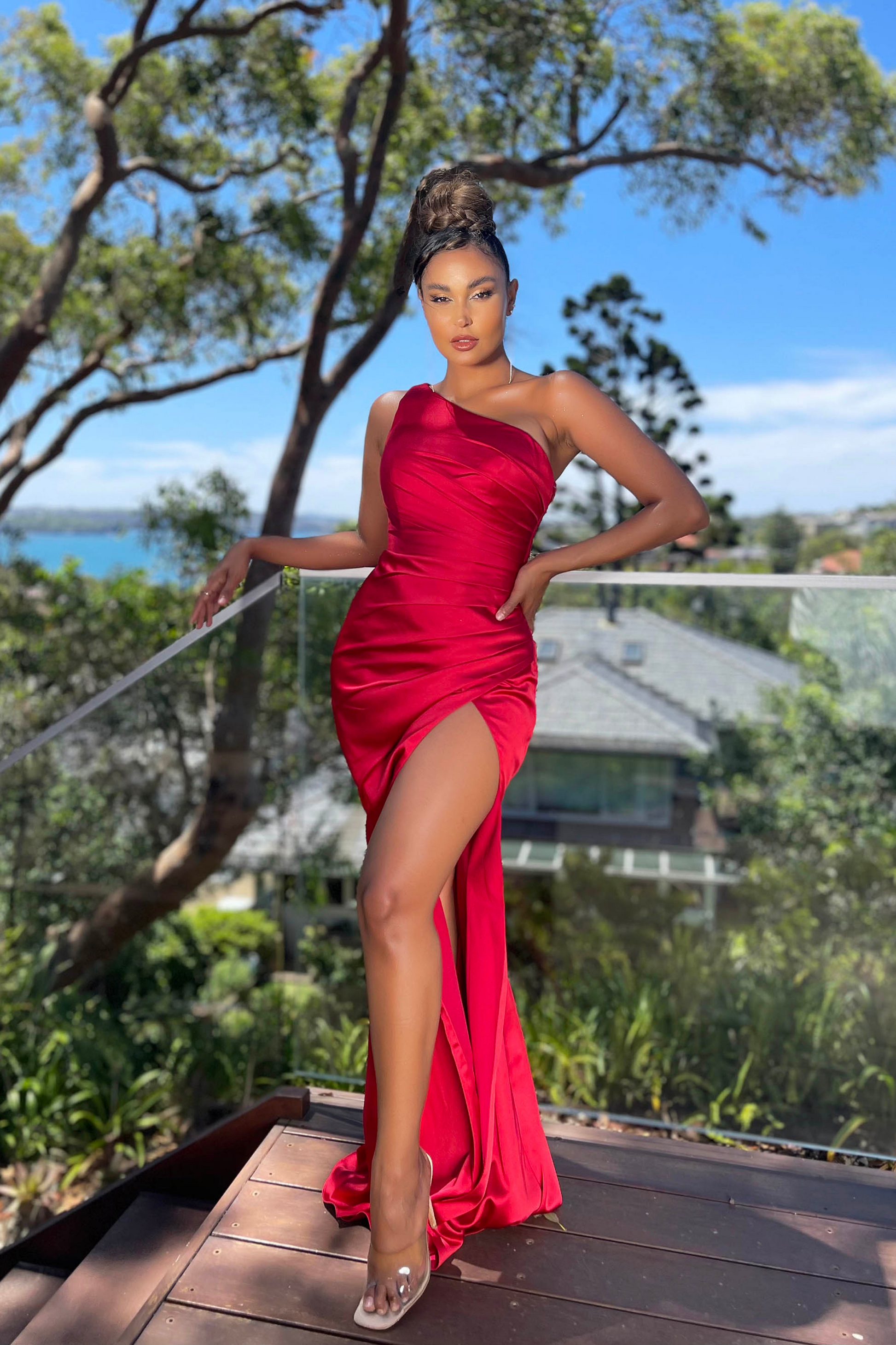 Nicoletta slim fit formal dress in ruby satin