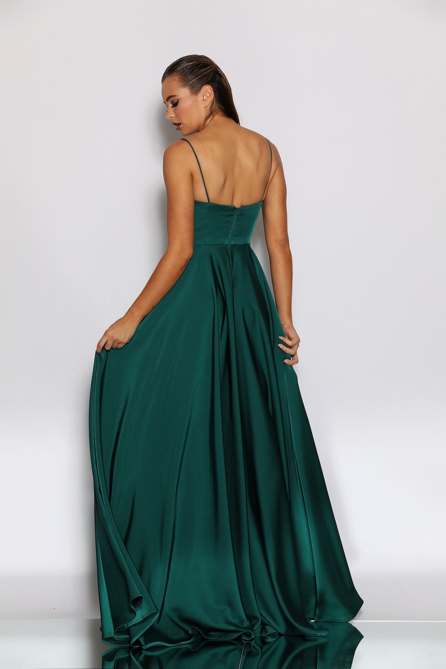 Nicoletta a-line formal dress in dark green soft suiting