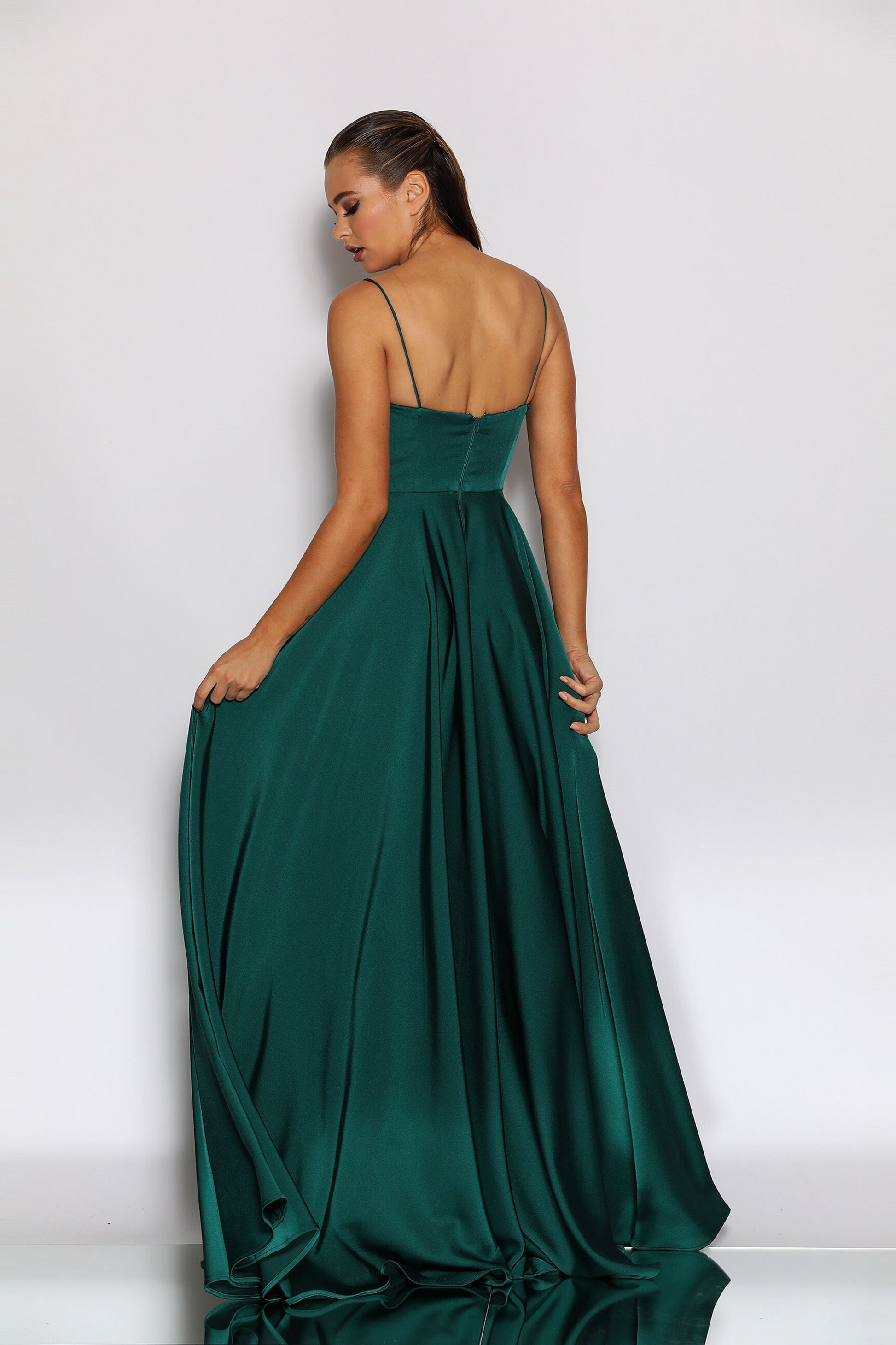 Nicoletta a-line formal dress in dark green soft suiting