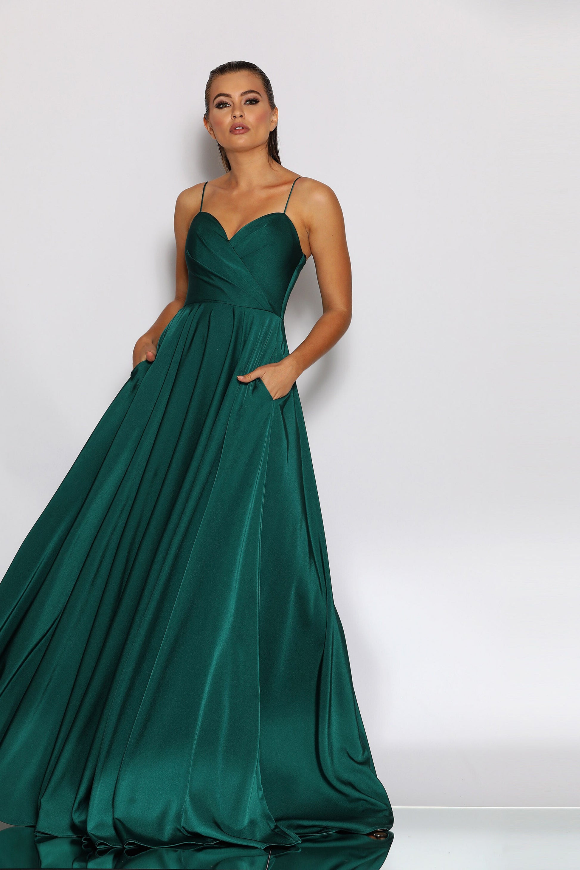 Nicoletta a-line formal dress in dark green soft suiting