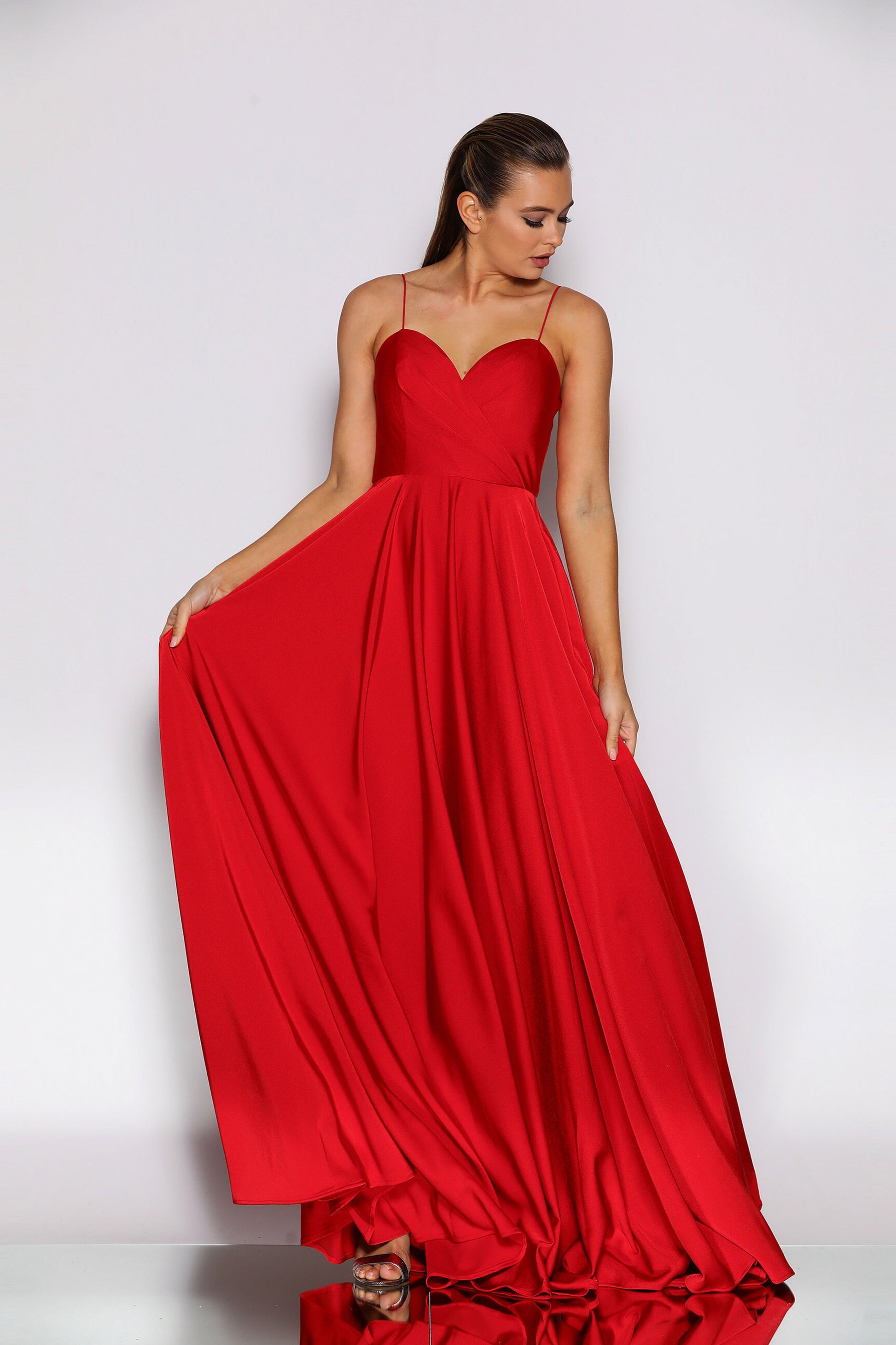 Nicoletta a-line formal dress in red soft suiting