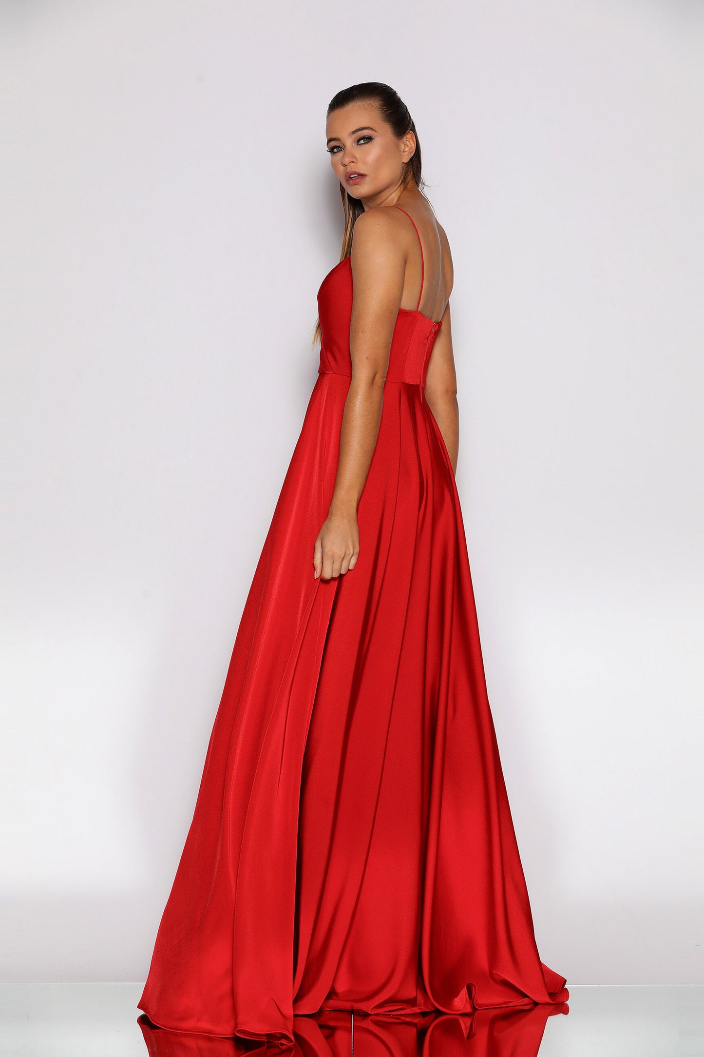Nicoletta a-line formal dress in red soft suiting