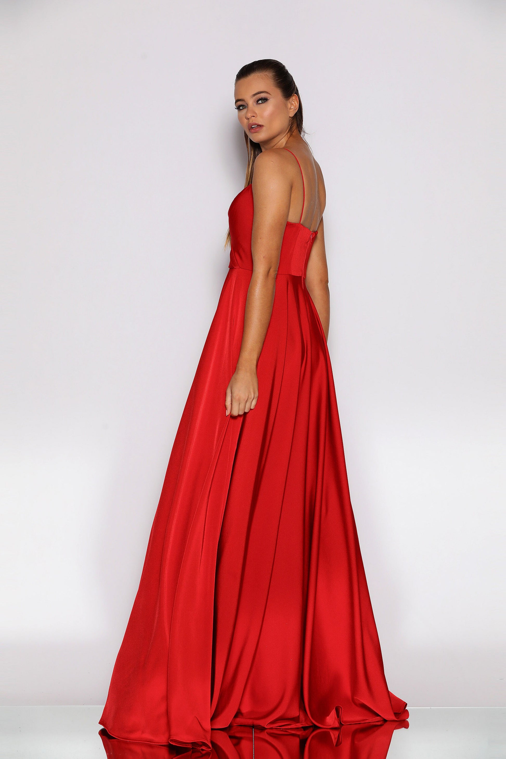 Nicoletta a-line formal dress in red soft suiting
