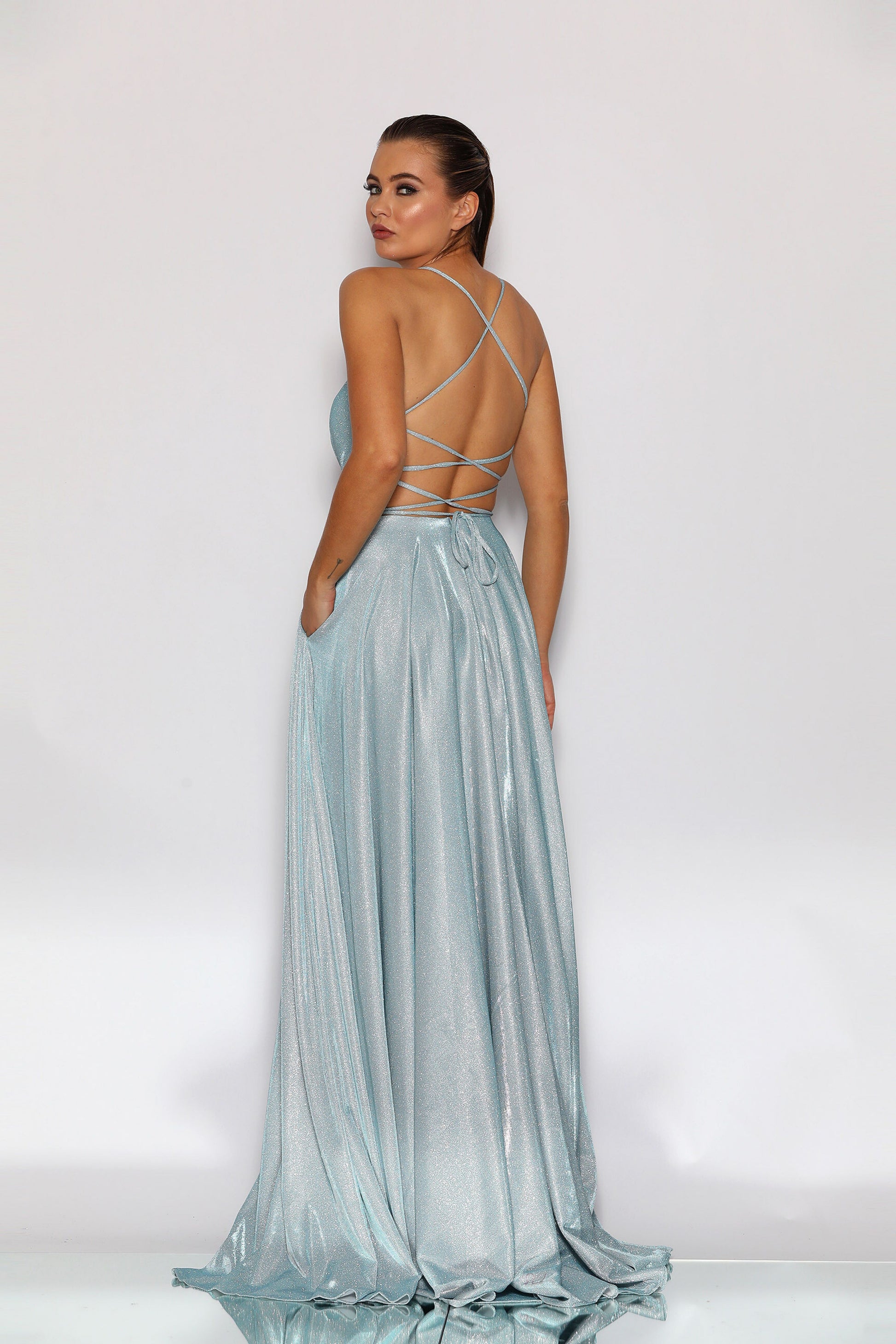 Jadore Nicoletta JX2106 formal dress in baby blue lurex