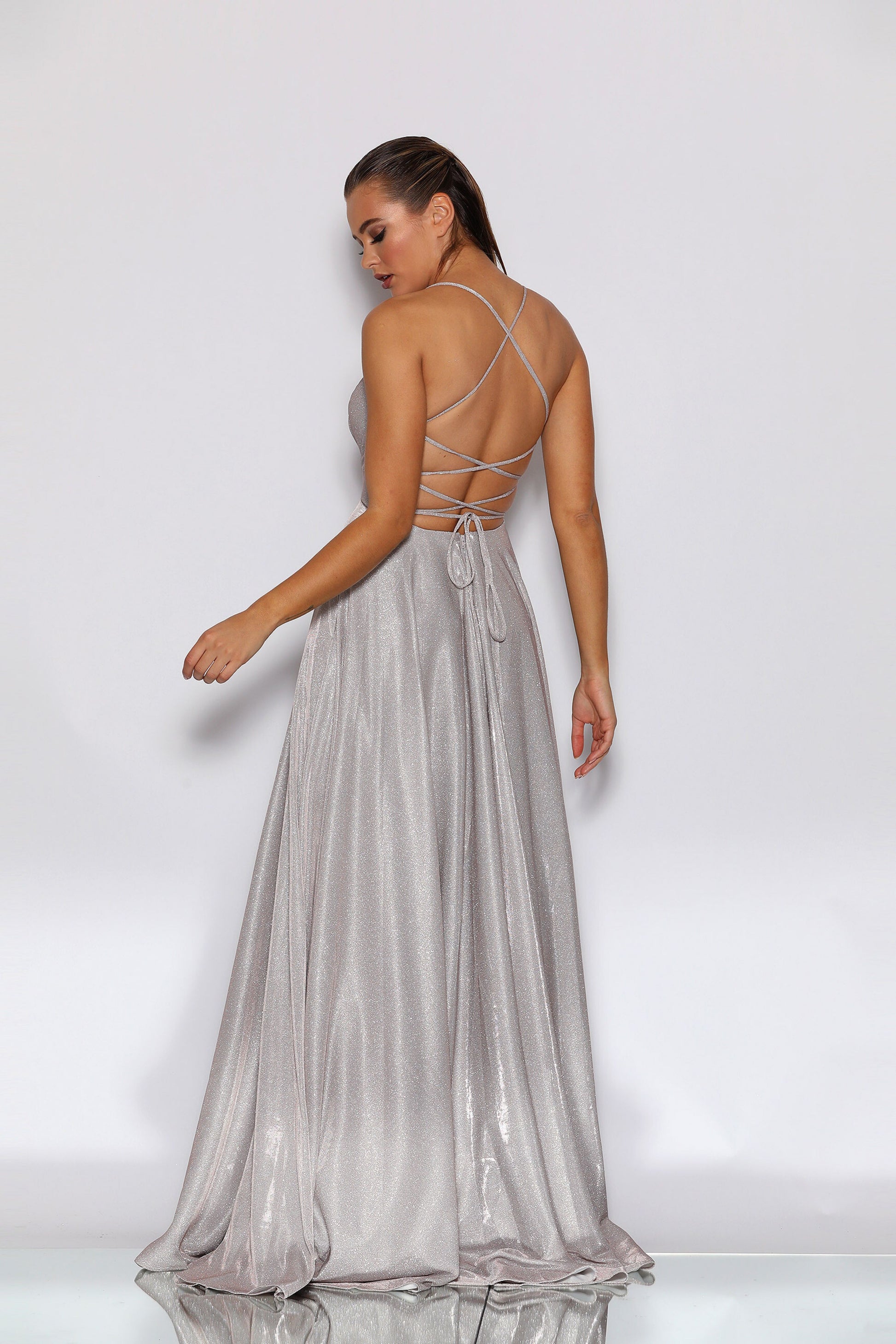 Jadore Nicoletta JX2106 formal dress in musk silver nude lurex