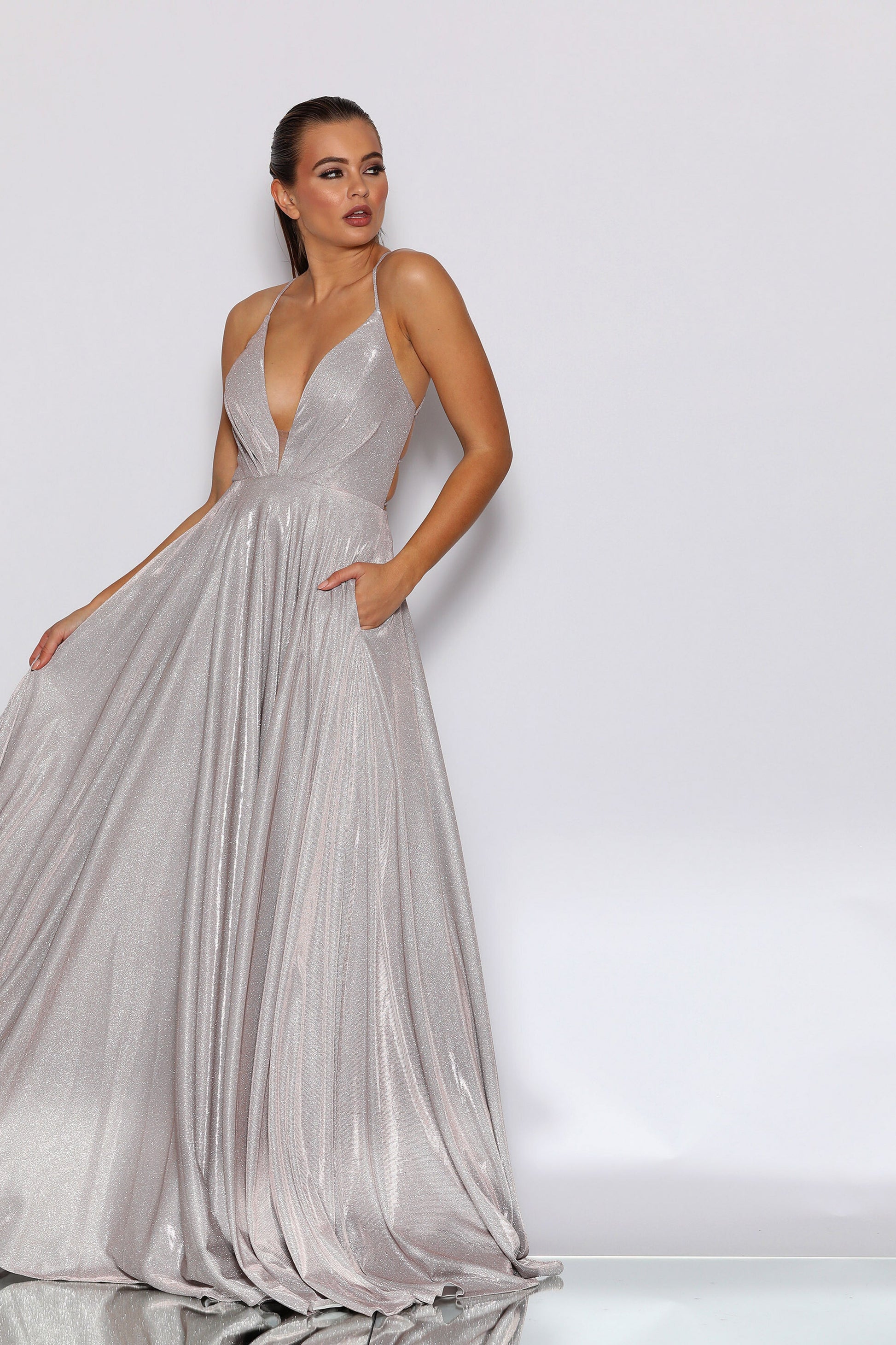 Jadore Nicoletta JX2106 formal dress in musk silver nude lurex